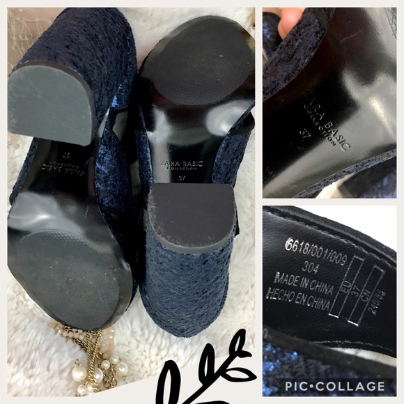 Zara Stacked Heels Blue w Black Lace - Picture 8 of 8